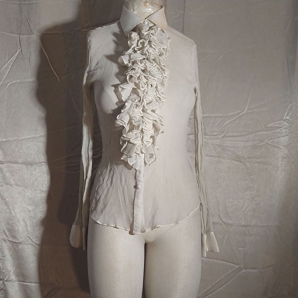 Vintage 90s Lauren Ralph Lauren Green Label 100% Silk White Ruffle Blouse Sz M.